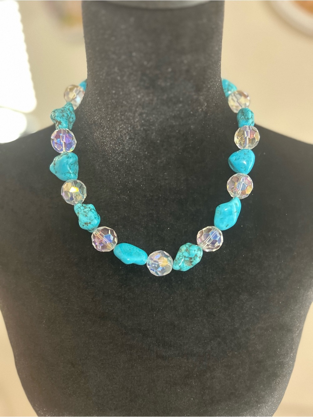 Turquoise Nugget and Crystal Bead Necklace - Turquoise